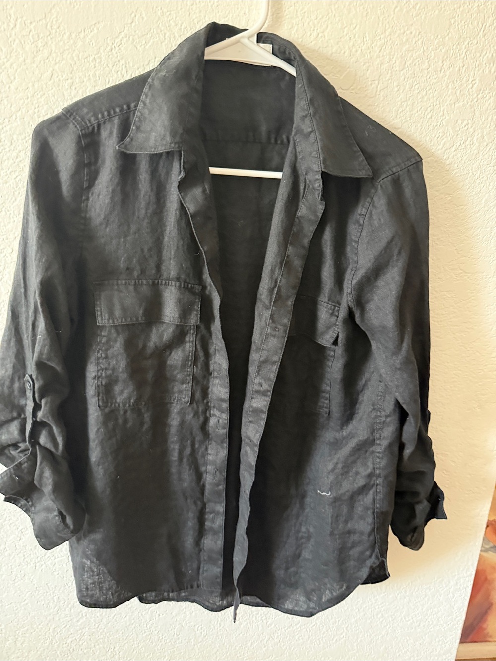 Babaton Black Linen-Blend Casual Button-Down Shirt